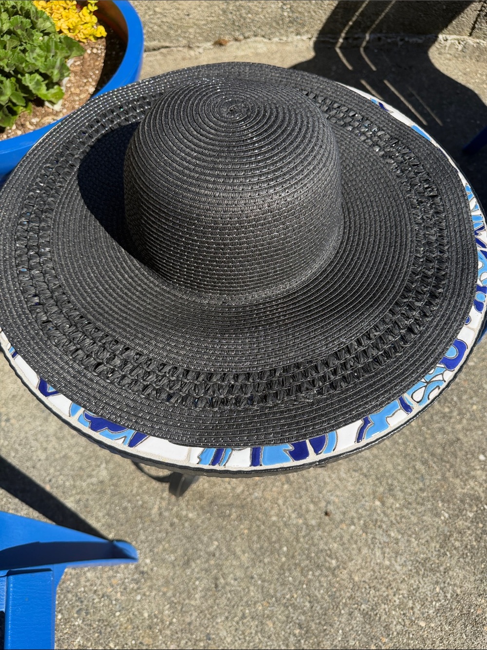 White House Black Market Black Wide-Brim Sun Hat with Blue Trim